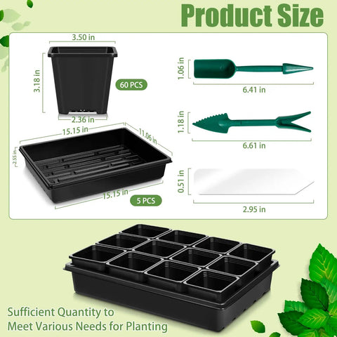 5 Piece Seed Starter Tray Kit With 60 Square 3.5 Inch Pots, No Drain Holes On Trays, Includes 60 Plant Tags And 2 Mini Gardening Tools