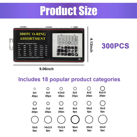 Front view of povtii 300-piece nitrile O-ring assortment kit in a black plastic case with 18 sizes