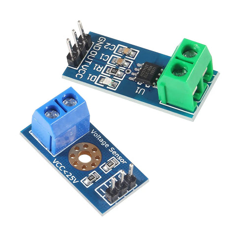 Top Shelf 3 Piece ACS712 Hall Effect Current Sensor Plus DC Voltage Tester Module Bundle For Arduino And Raspberry Pi Badass Projects With Legit 30 Amp Readings And Zero Hassle showing two voltage sensors on a circuit board.
