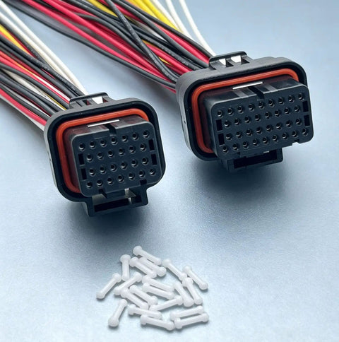 Heavy Duty 26 Plus 34 Pin Ecu Connector Harness Kit With Pre Wired Pdm Wiring Looms showing two connectors with wires and white terminal pins