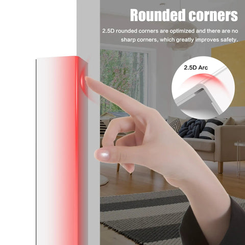 Close-up of a hand touching a rounded corner protector, showcasing its 2.5D design for safety. Heavy Duty Self Adhesive Wall Corner Protectors Featuring A Quick Peel And Stick Mount Plus Durable Pc Edge Guards That Handle Daily Chaos Without Flinching Alongside A Solid Home Upgrade For Pet Friendly Rooms And Kid Safe Spaces.