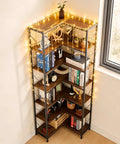 Tall Corner Bookshelf With Fourteen Shelves And Seven Tiers, Space Saving Corner Bookcase With Decor Items