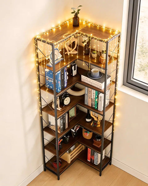 Tall Corner Bookshelf With Fourteen Shelves And Seven Tiers, Space Saving Corner Bookcase With Decor Items