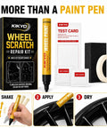 Heavy Duty Wheel Scratch Repair Kit For Curb Rash And Gloss Black Rim Touch Up Paint Fast Setup DIY Auto Finish Refinisher For Beat Up Alloy Wheels. Kit includes paint pen, test card, wet wipes, tape, and sanding pad.
