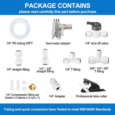 Heavy Duty 25 Foot Food Grade Refrigerator Water Line Kit with adapters, quick fittings, shut off valve, and tube cutter
