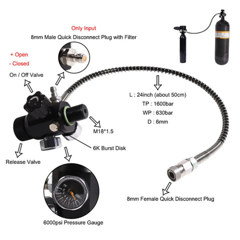High Pressure Fill Station 4500 PSI with Dual Gauge and 20 Inch Hose, detailed view with connections and gauges
