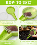 Instructions for Mini Seed Spreader Handheld Seed Planter Tool 20 Pcs Kit With 5 Dial Settings visible, showing use steps.