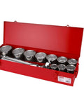 1 Inch Socket Wrench Set 15 Piece Heavy Duty Ratchet Kit Rock Solid Chrome Vanadium Steel Sockets displayed in red metal case.