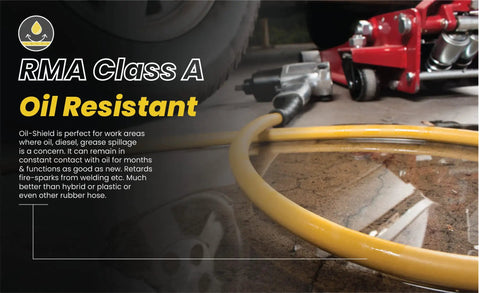 OS12100 Half Inch Class A Rubber Air Hose 100 Feet Oil and Grease Resistant shown with car jack on workshop floor.