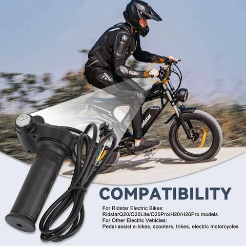 Full Twist Throttle With 2 Keys Plug And Play For Ridstar Q20 Series next to electric bike, compatibility text in background