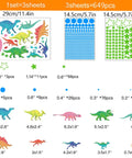 Diagram showing sizes and quantities of pieces in Glow In The Dark Dinosaur Wall Decals For Boys Room Pack Of 652 Pcs.