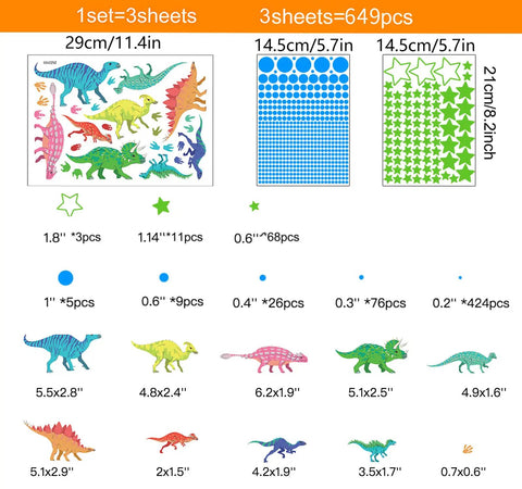 Diagram showing sizes and quantities of pieces in Glow In The Dark Dinosaur Wall Decals For Boys Room Pack Of 652 Pcs.