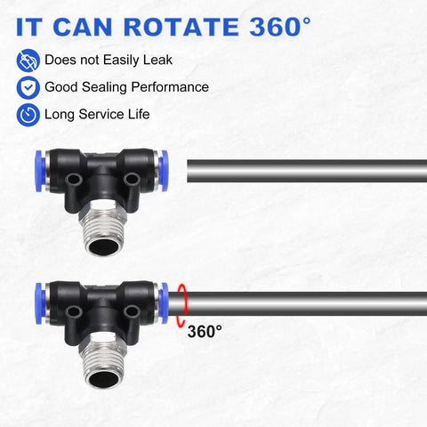 8mm Pneumatic Air Line Fitting Tee NPT 1 Quarter Inch Quick Push To Connect Brass Branch Tee Connector shown rotating 360°