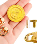12 Pieces D Ring Stud Screws With Ball Head Buttons For Purses And Leather DIY Projects, shown gold in hand