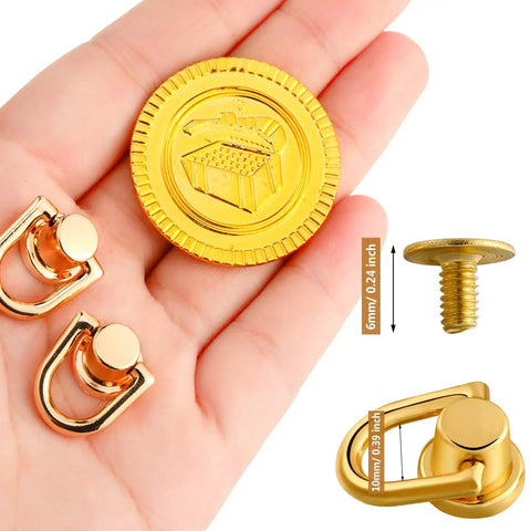 12 Pieces D Ring Stud Screws With Ball Head Buttons For Purses And Leather DIY Projects, shown gold in hand