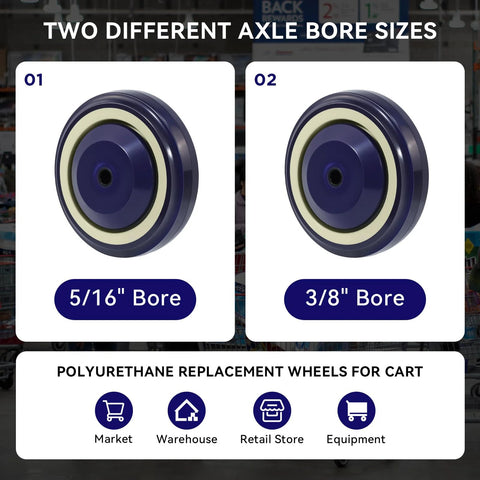 4 Inch Polyurethane Shopping Cart Wheels Replacement Casters Set Of 4 With 1200 Lbs Total Load Capacity Silent Shock Absorbing No Marking Ideal For Cart Furniture Utility Carts Durable And Quiet Rolling For Heavy Duty Use, showing two different axle bore sizes, 5/16 and 3/8.