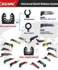 Diagram of universal quick release system for oscillating tools, compatible with Dremel and Bosch adapters.