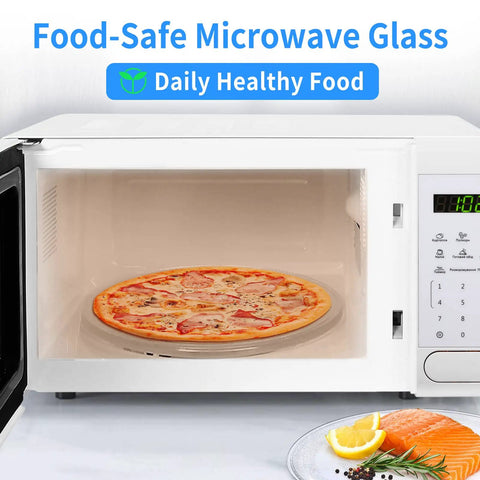 Open microwave displaying 9.6 Inch Microwave Glass Turntable Plate Replacement For Panasonic Models With Eleven Sixteen Inch Y Type Coupler