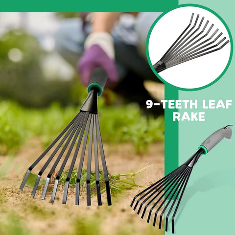 Two Piece Stainless Steel Hand Rake Set For Gardening with short handles, 9 teeth, ideal for ground work and weeding.