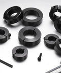 Two Piece Single Split Shaft Collar With 45mm Bore, 73mm Outer Diameter, 19mm Thick, Black Oxide 1045 Steel on white background