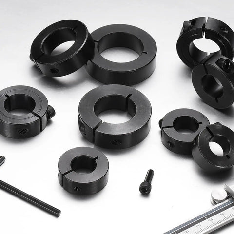 Two Piece Single Split Shaft Collar With 45mm Bore, 73mm Outer Diameter, 19mm Thick, Black Oxide 1045 Steel on white background