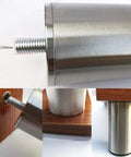 Close-up of Brushed Stainless Steel Furniture Legs Set Of 4 Adjustable Round Metal Feet, M10 thread, silver color, on wooden surface.