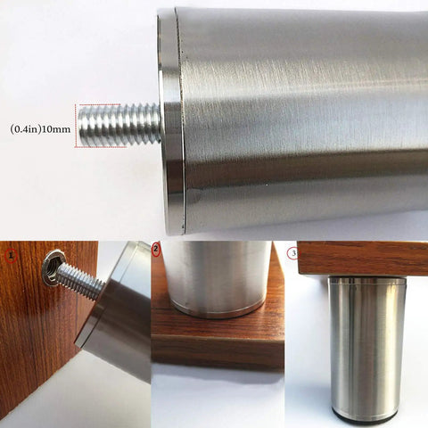 Close-up of Brushed Stainless Steel Furniture Legs Set Of 4 Adjustable Round Metal Feet, M10 thread, silver color, on wooden surface.