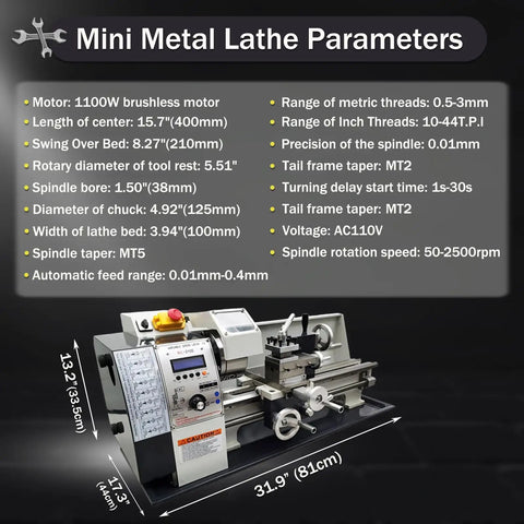 Garage Grade Mini Metal Lathe Machine With Fast Electric Gear Shift And No Sweat Metric Imperial Conversion 1100W Brushless Motor specifications