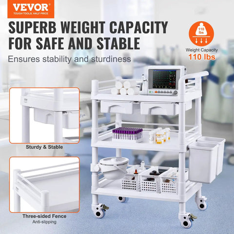 Medical Mobile Trolley Cart With 2 Drawers And 3 Trash Cans, 3 tier rolling utility cart with 4 silent wheels in hospital