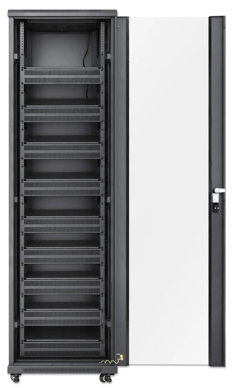 Badass Heavy Duty 42U Floor Standing Network Server Rack Cabinet With Dual Roof Mounted Cooling Fans, open view with shelves.