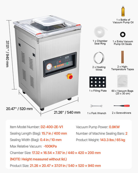 VEVOR chamber vacuum sealer, stainless steel kitchen appliance with LED screen; includes 60 vacuum bags