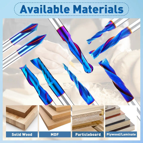 Nine Piece Solid Carbide CNC Router Bit Set With Nano Blue Coating And One Fourth Inch Shank Hella Sharp Edges For Woodworking Pros And Weekend Warriors A Total Sweet Deal