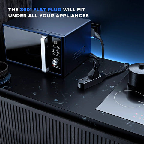 360 Degree Rotating Flat Plug Extension Cord With Three Outlets, 16 AWG Grounded Power Wire, on kitchen counter setup