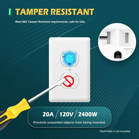 10 Pack Duplex Wall Receptacles 20A Tamper Resistant Outlets For Home Or Business Use Standard 2 Pole 3 Wire Self Grounding UL Listed White High Impact Polycarbonate Construction shown resisting tampering.
