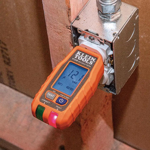 RT250 GFCI Outlet Tester With LCD Display For 120V Receptacles Voltage Tester in use, showing voltage on backlit LCD screen.