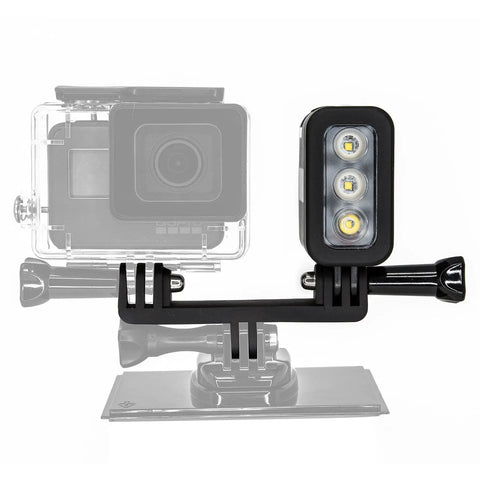 Close-up of Forty Meter Waterproof LED Underwater Dive Light for GoPro showing 300 lumen 3-LED design mounted on action cam.