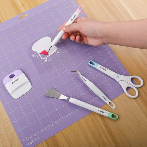 Pro Grade Craft Vinyl Weeding Tools Kit With Hook Weeder Hook Tweezers Scissors With Removable Cover Spatula And Scraper Durable Corrosion Resistant Set For Vinyl Crafting And Heat Transfer Projects, 5-piece set on cutting mat