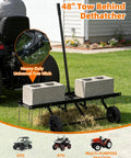 48 Inch Tow Behind Dethatcher with 24 rustproof tines and heavy-duty tires attached to a lawn tractor in a garden setting.