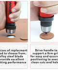 Close-up of Hollow Punch Kit With Pinpoint Punch Shaft cutting leather, showing alloy steel tip, spring-loaded for precision.