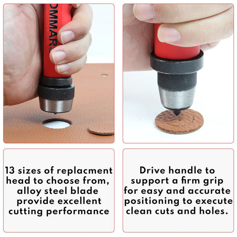 Close-up of Hollow Punch Kit With Pinpoint Punch Shaft cutting leather, showing alloy steel tip, spring-loaded for precision.