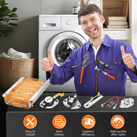 279838 Dryer Heating Element Kit shown with thermal fuses and thermostat in front of smiling technician and washing machine