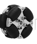 ZAWELIYO 38mm omnidirectional robot wheel, front view, aluminum hub, black rubber segments, hex key