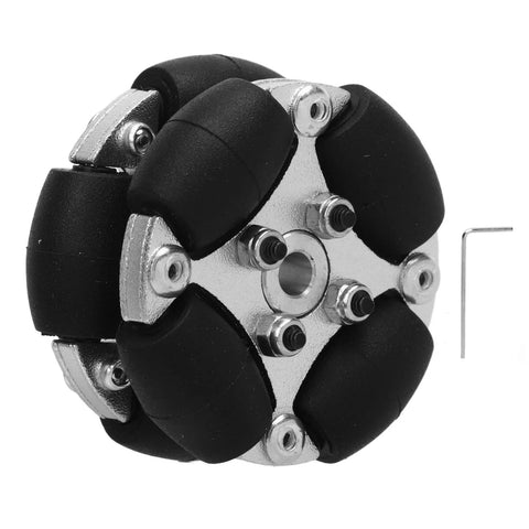 ZAWELIYO 38mm omnidirectional robot wheel, front view, aluminum hub, black rubber segments, hex key