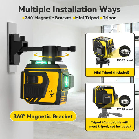Self Leveling Laser Level With 3x360 3D Cross Lines Green Beam Rechargeable Layout Tool on magnetic bracket mount