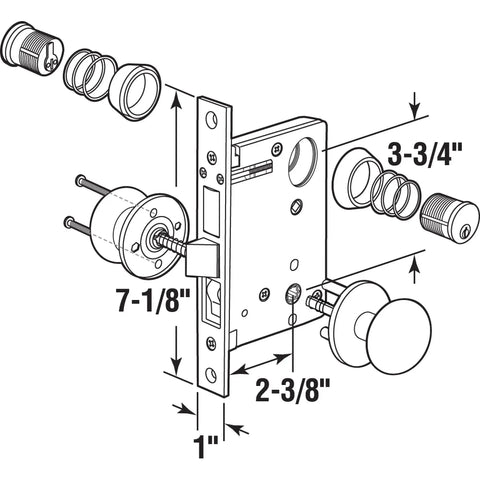 Diagram of Two And A Half Inch Backset Mortise Lockset In Wrought Solid Brass Right Handed Classic Door Hardware with measurements