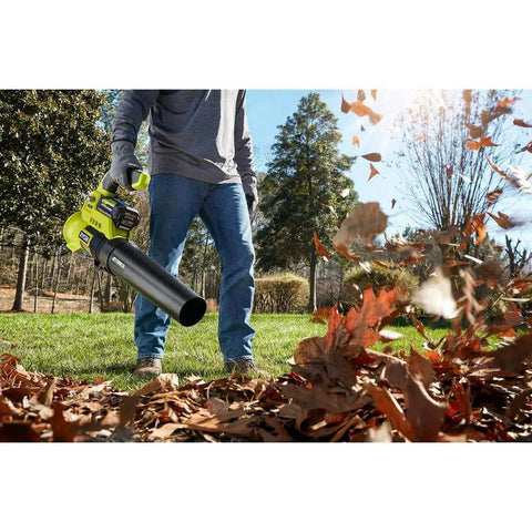 Heavy Duty Cordless Leaf Blower Pumping 110 Mph And 525 CFM With Variable Speed Settings For fast yard cleanup, man using blower on leaves.