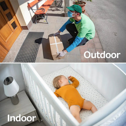 4MP Indoor Outdoor Home Security Camera System, 2 Pack, monitoring package delivery outdoors, baby in crib indoors