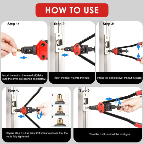 Rivet Nut Tool Kit With 11 Mandrels And 110 Rivet Nuts Beefy Yet Precise Rivnut Gun Set usage instructions in 5 steps