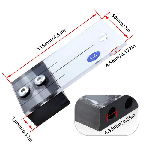 Rock Solid One Quarter Inch Dowel Drilling Jig Kit With Hardened Steel Bore Guides And Clear Acrylic Base, showing dimensions and detailed design.