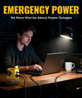 Man using laptop powered by DeWALT 20V Battery Compatible 200W Power Inverter for Camping and Outdoors Converts DC 20V to AC 110 120V.
